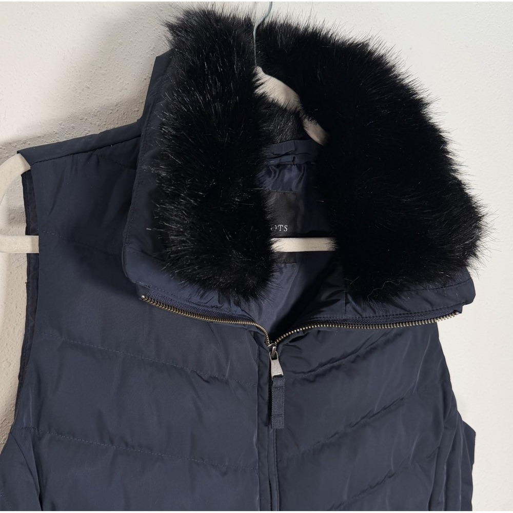 TALBOTS Down Puffer Vest Womens Sz L Removable Faux Fur Collar Navy Classic